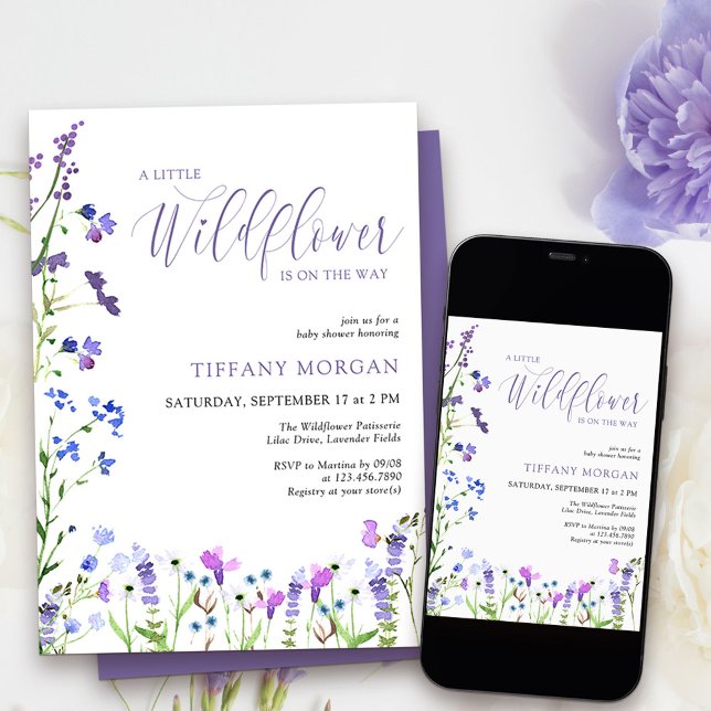 Little Wildblomma Elegant Lila Baby Shower Inbjudningar (Little Wildflower Baby Shower Invitation from my Purple Wildflower Collection.
)