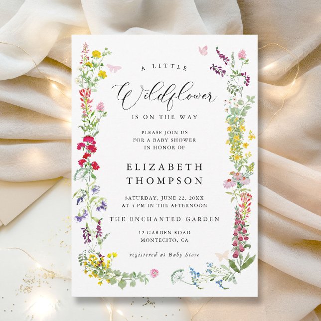 Little Wildblomma Garden Blommigt Girl Baby Shower Inbjudningar (a little wildflower is on the way baby shower invitation colorful watercolor elegant calligraphy)
