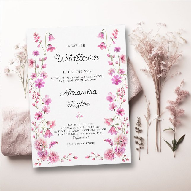 Little Wildblomma Garden Shock rosa Flicka Shower Inbjudningar (little wildflower baby girl shower invitation cottage garden watercolor pink fuchsia tiny flowers)