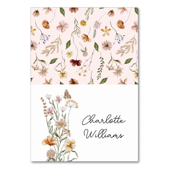 Little Wildblomma Rosa Baby Namn Place Card Bordsnummer (Framsidan)