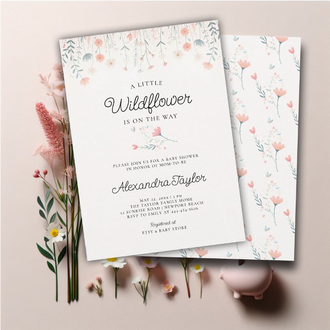 Little Wildblomma Tiny Coral Teal Flicka Shower Inbjudningar (little wildflower baby girl shower invitation cottage garden watercolor pink teal pastel tiny flower)