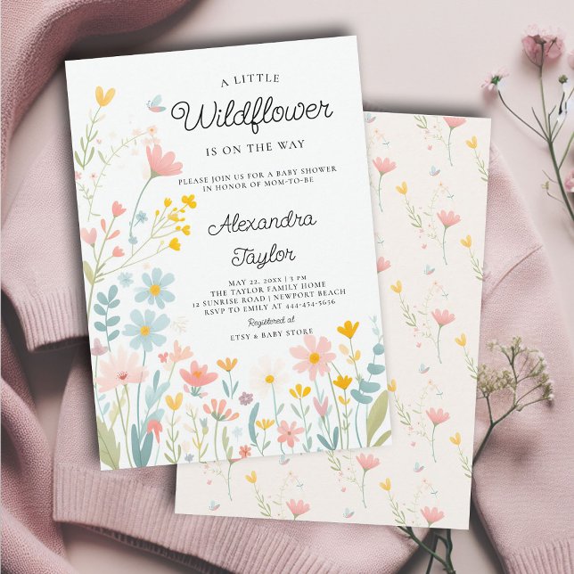 Little Wildblomma Tiny Whimsical Flicka Shower Inbjudningar (little wildflower on way baby girl shower invitation cottage garden whimsical yellow peach pastel)