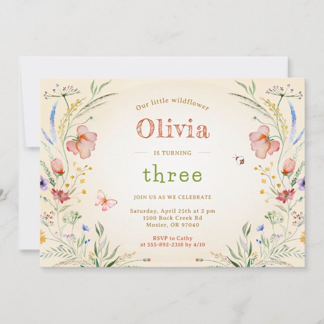Little Wildblomme Blommigt Girl Barn Födelsedagsfe Inbjudningar (Framsida)