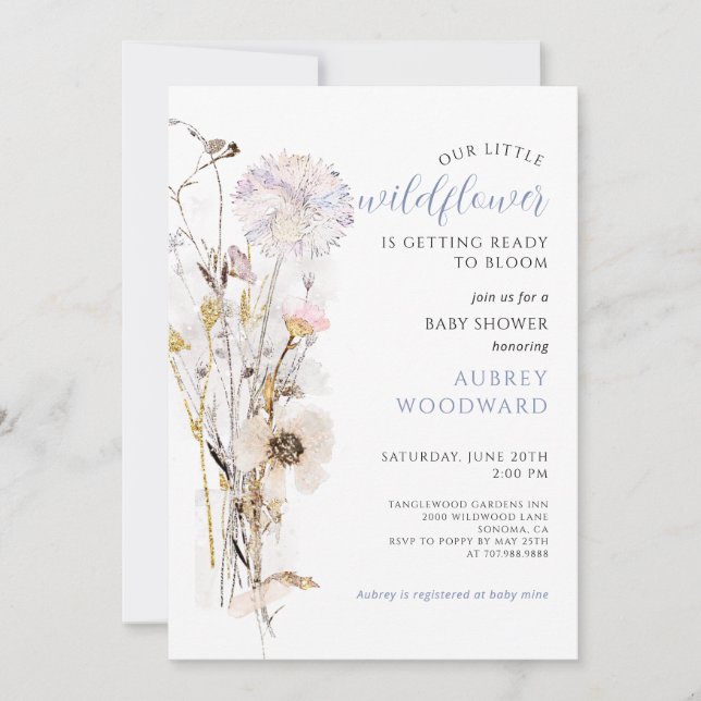Little Wildblomme Glitter Baby Shower Inbjudningar (Framsida)