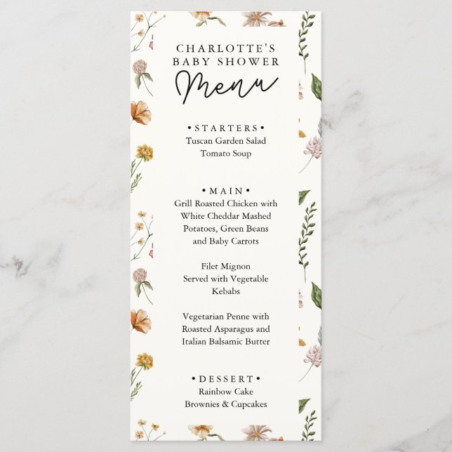 Little Wildblomme Ivory Baby Shower Menu Meny (Framsida)