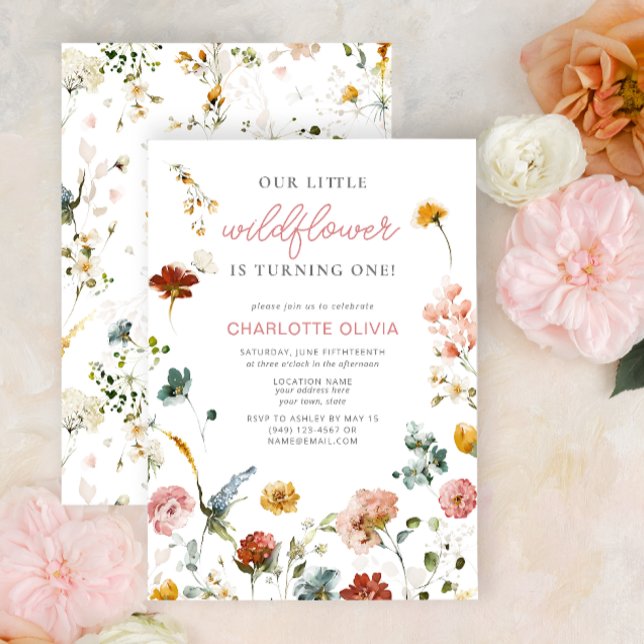 Little Wildblomme Rosa Flicka Birthday Inbjudningar (1st Birthday Invitation)