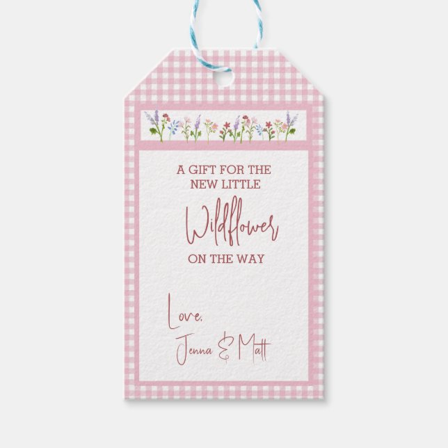 Little Wildblomme Rosa Gingham Check Baby Shower Presentetikett (Framsidan)