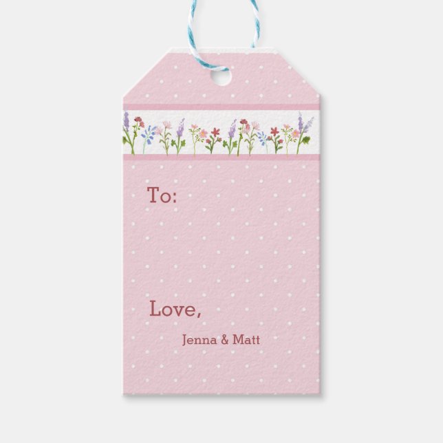 Little Wildblomme Rosa Polka Dot Presentetikett (Framsidan)