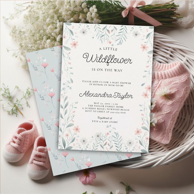 Little Wildblomme Tiny Periwinkle Flicka Shower Inbjudningar (little wildflower baby girl shower invitation cottage garden watercolor pink teal pastel cute frame)