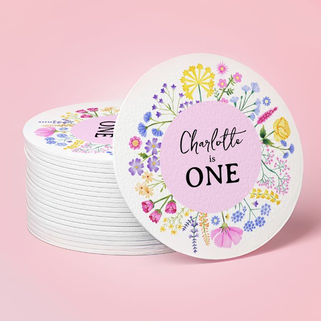 Little WildblommGirl's First Birthday Blommigt Underlägg Papper Rund (Spring Wildflowers Girl's First Birthday Round Paper Coaster)