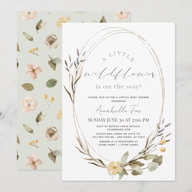 Little Wildblomoval Girl Virtuell Baby Shower Inbjudningar (Fram/baksida)