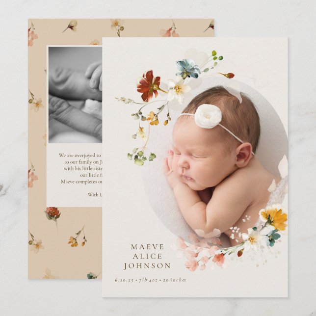 Little Wildbloms Blommigt Photo Birth Announcement Inbjudningar (Fram/baksida)