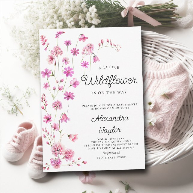 Little Wildbloms Rosa Whimsical Flicka Shower Inbjudningar (little wildflower baby girl shower invitation cottage garden watercolor pink fuchsia boho chic tiny)