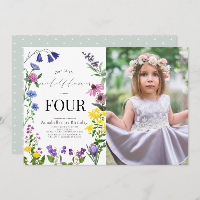 Little Wildblomskript Birthday Photo Inbjudningar (Fram/baksida)
