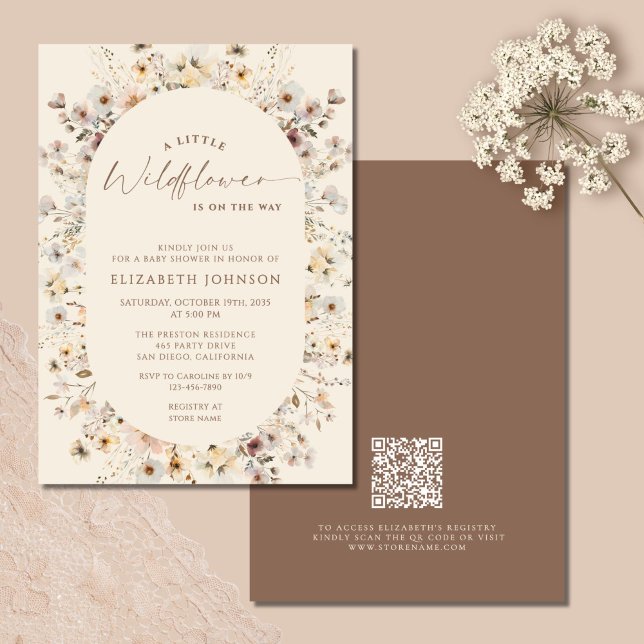 Little Wildflower Rustic QR Code Baby Shower  Inbjudningar (Skapare uppladdad)