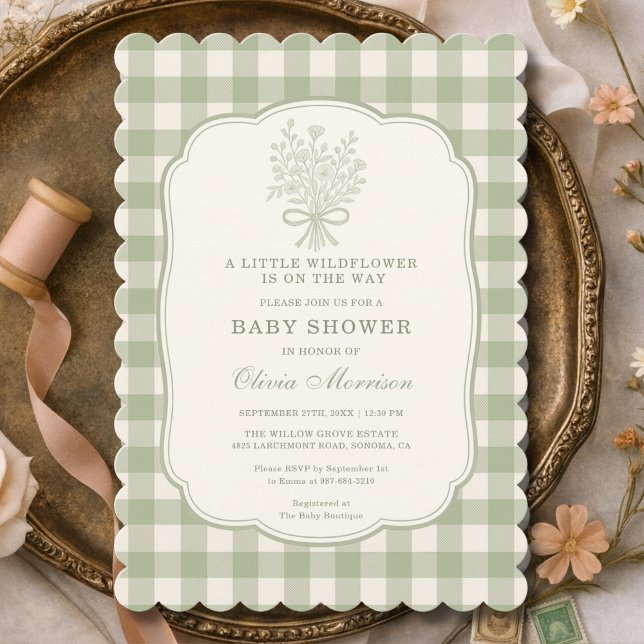 Little Wildflower Sage Green Gingham Baby Shower Inbjudningar (Skapare uppladdad)