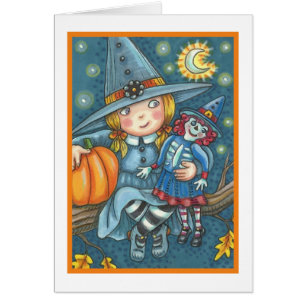 LITTLE WITCH & DOLL HALLOWEEN GREETING CARD Blank OBS Kort
