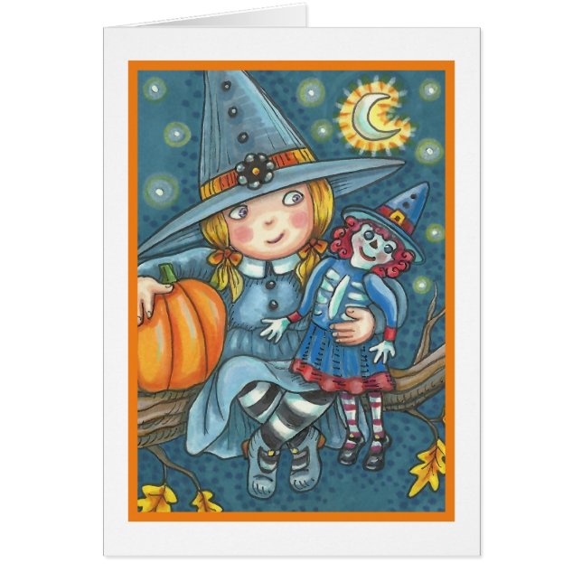 LITTLE WITCH & DOLL HALLOWEEN GREETING CARD Blank OBS Kort (Framsidan)