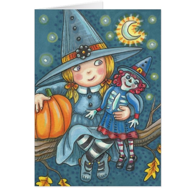 LITTLE WITCH & DOLL HALLOWEEN GREETING CARD Blank OBS Kort (Framsidan)