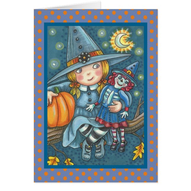 LITTLE WITCH & DOLL HALLOWEEN GREETING CARD Blank OBS Kort (Framsidan)