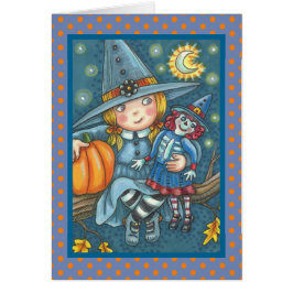 LITTLE WITCH & DOLL HALLOWEEN GREETING CARD Blank OBS Kort