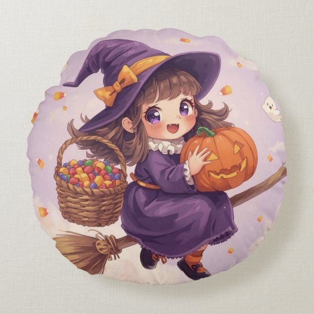 Little Witch Flying with Pumpkin Pillow Rund Kudde (Framsidan)