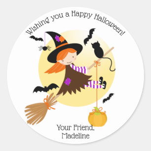 Little Witch Girl Kids Halloween Sticker Runt Klistermärke