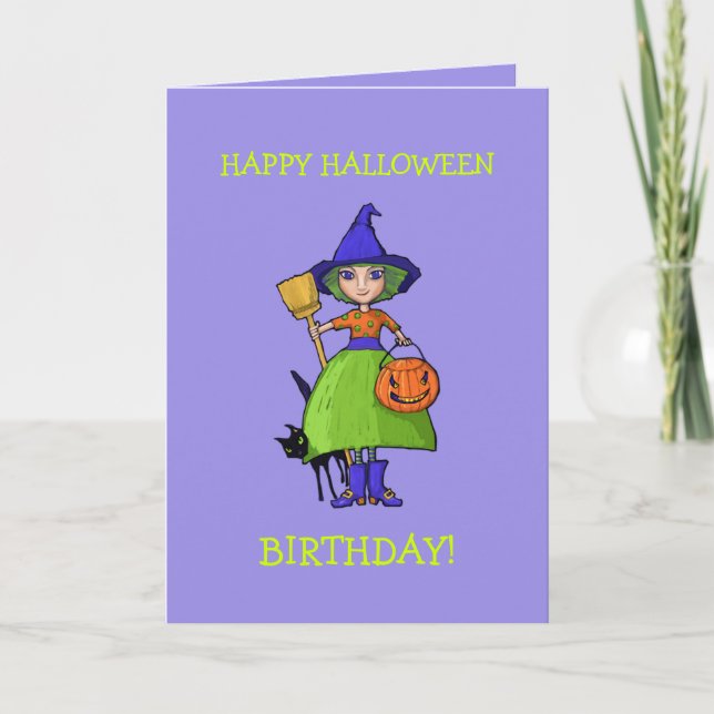 Little Witch lila Halloween Birthday Card Kort (Framsida)