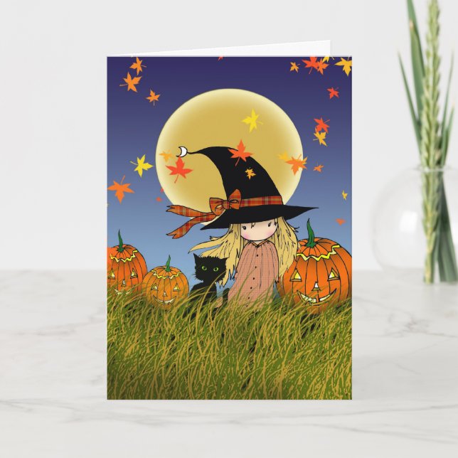 LIttle Witch och Black Cat Halloween Card Kort (Framsida)