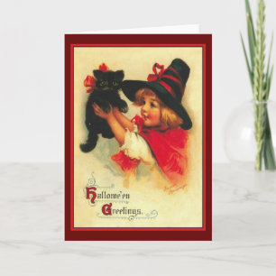 Little Witch och Black Cat Vintage Halloween Card Kort