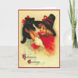 Little Witch och Black Cat Vintage Halloween Card Kort