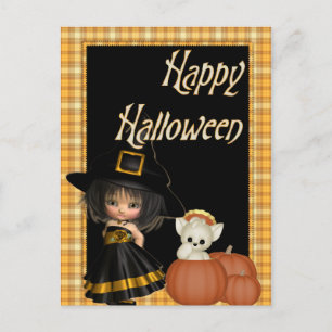 Little Witch & White Cat Halloween Postcards D10 Vykort