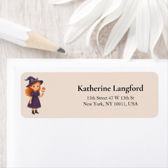 Little Witch with Flower Halloween Baby  Shower Returadress Etikett (Insitu)
