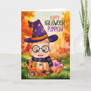 Little Wizard Boy i Pumpkin Halloween Helgkort