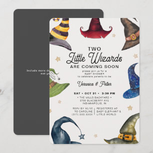Little Wizards Twin Boy Grått Halloween Baby Showe Inbjudningar