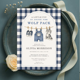 Little Wolf Gingham Klädstreck Baby Shower Inbjudningar