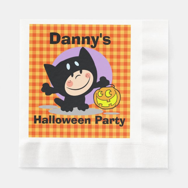 LittleBoyinCostume w/Pumpkin OrangeGingham Napkins Pappersservett (Framsidan)