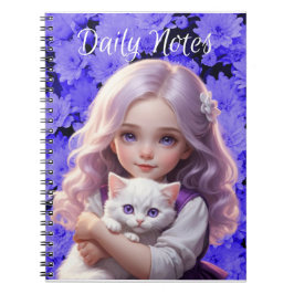 LittleGirl White Kitten Lila blommor Notebook Anteckningsbok