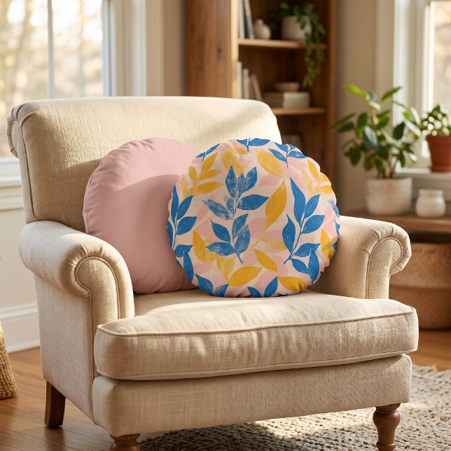 Liturgi blå gul rosa rolig botanisk bladrik rund kudde (Lithograph Blue Yellow pink fun botanical leafy Round Pillow)