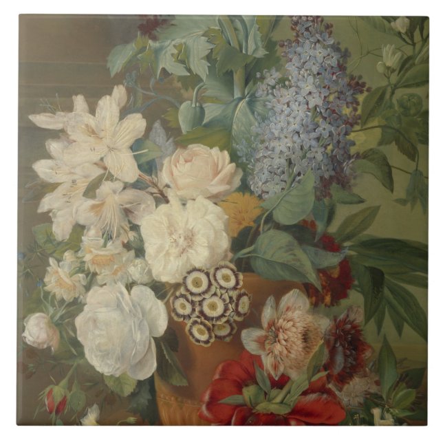 Liv med blommor i Terracotta Vas Kakelplatta (Framsidan)