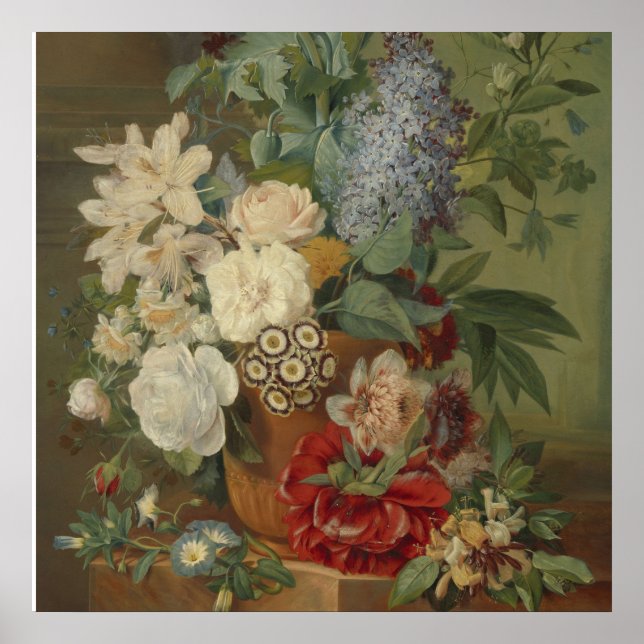 Liv med blommor i Terracotta Vas Poster (Framsidan)