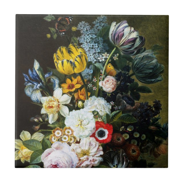 Liv med blommor-målning kakelplatta (Framsidan)