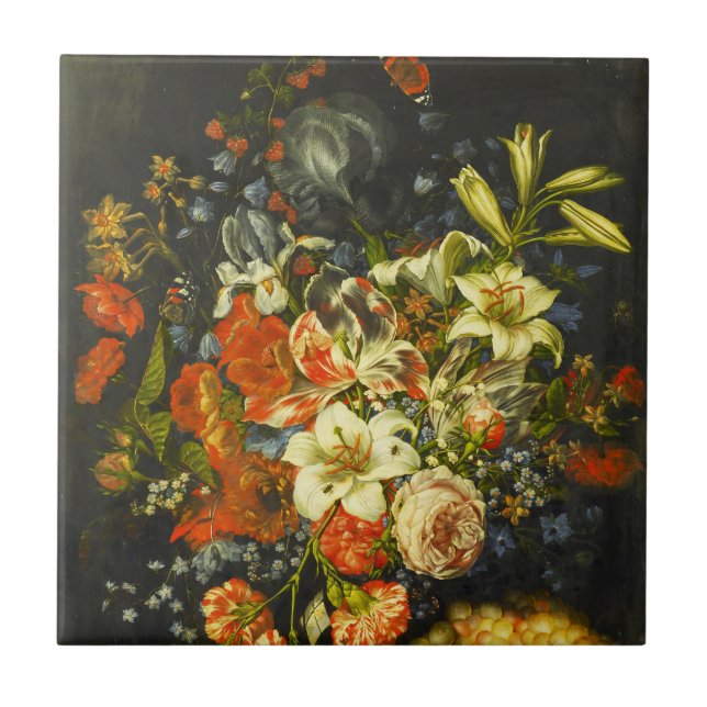 Liv med blommor och frukt kakelplatta (Framsidan)