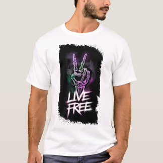 "Live Free Neon Skeleton Hand Design" T Shirt