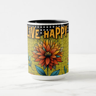 Live Happy Stained Glass Floral Mug Bold Colorful  Mugg