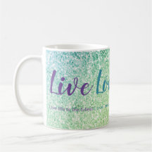 Live Kärlek Laugh Blue Grönt Glitter Script Mugg