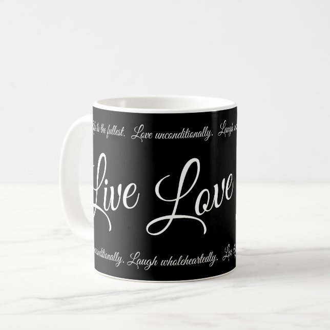 Live Kärlek Laugh Elegant White Script på Black Kaffemugg (Framsida vänster)