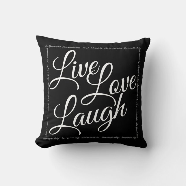 Live Kärlek Laugh Elegant White Script på Black Kudde (Framsida)