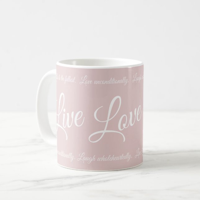 Live Kärlek Laugh Elegant White Script Soft Rosa Kaffemugg (Framsida vänster)
