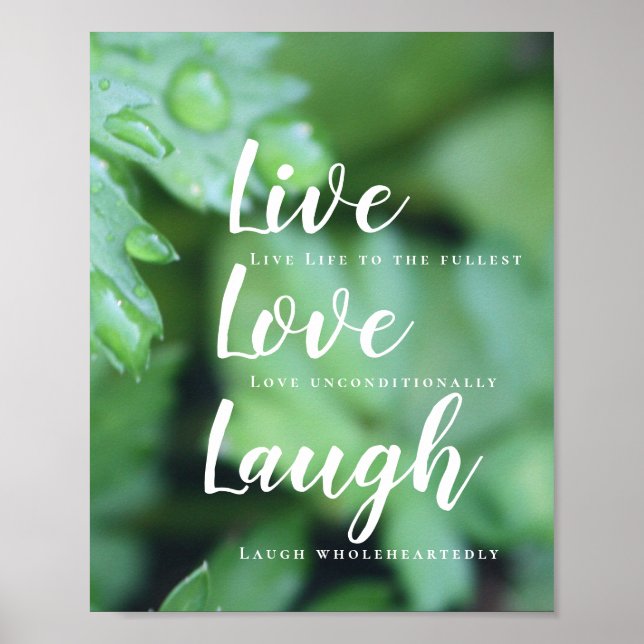 Live Kärlek Laugh Motivational Typography Foliage Poster (Framsidan)
